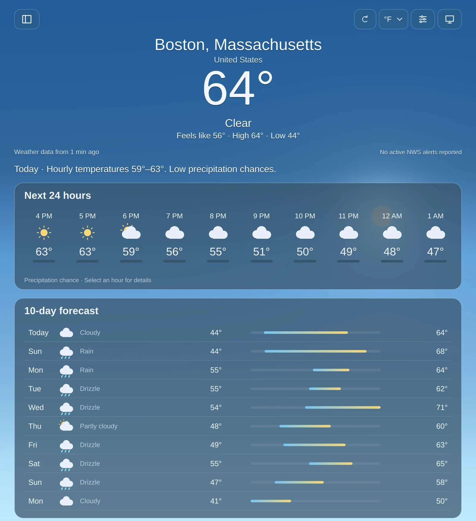 시간별 및 10일 날씨 패널이 포함된 A Weather App의 보스턴 데스크톱 예보.