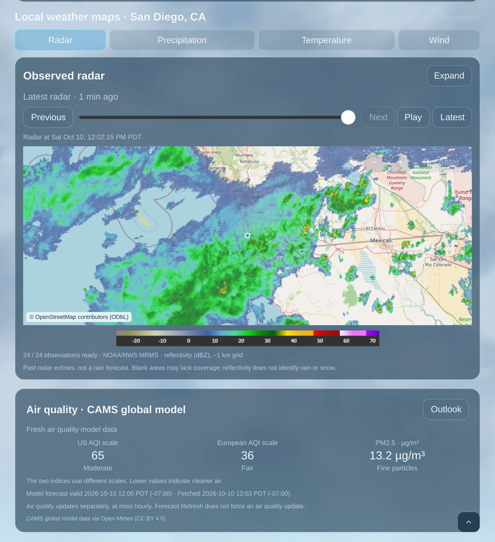 지도와 레이더 출처 표기가 포함된 A Weather App의 샌디에이고 주변 관측 레이더 데스크톱 화면.